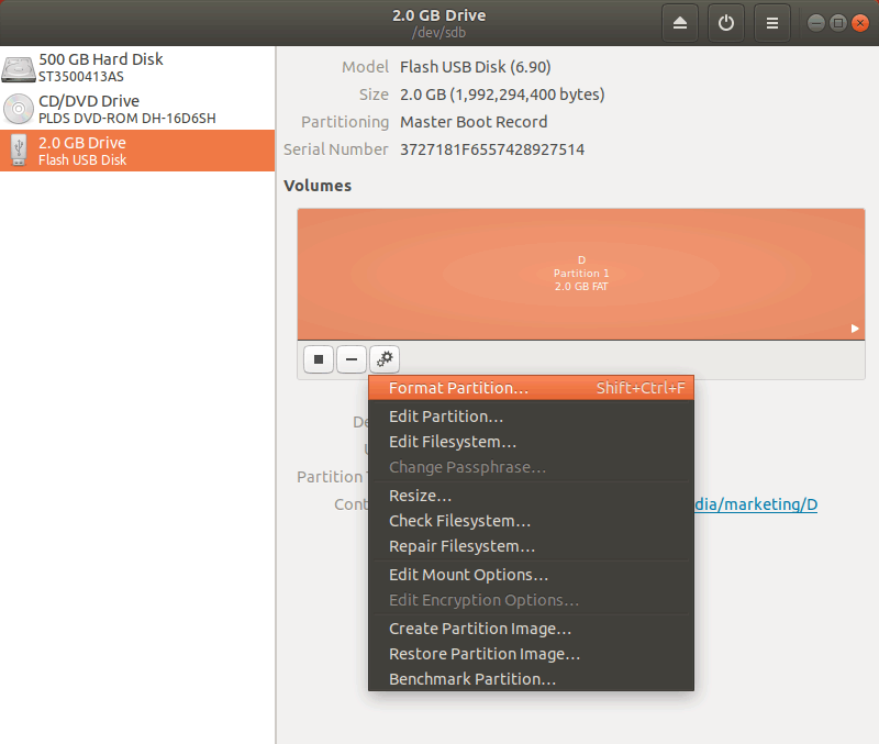 How to a USB flash drive on Ubuntu 18.04