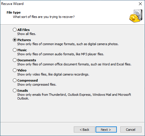 screenshot; selecting file type on Recuva Wizard