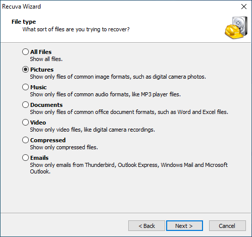 Selecting file type on Recuva Wizard