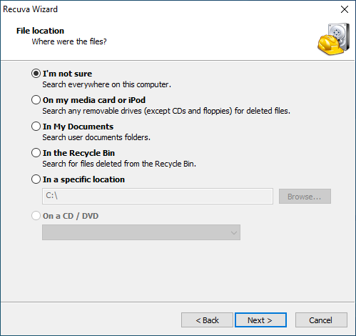 Selecting file location on Recuva Wizard