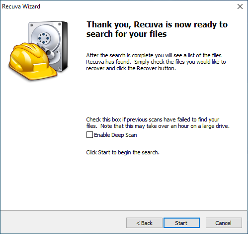 Recuva Wizard is ready to scan