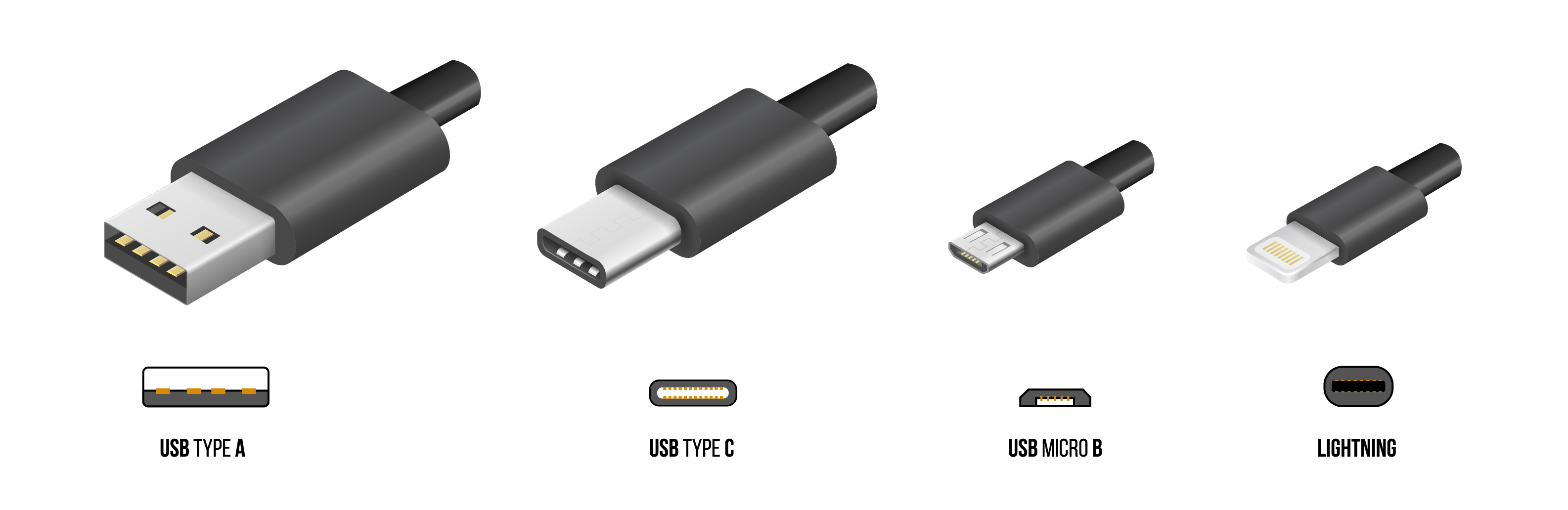 Various USB Connectors - USB type-A, USB type-C, Micro USB, and Lightning
