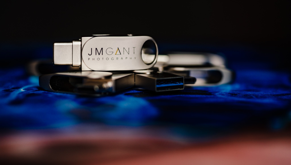 customized USB type C flash drives branded with JM Grant Photography logo