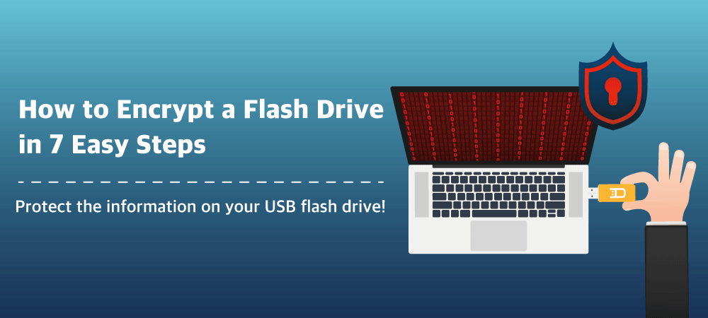 Cartoon hand inserting USB Flash Drive into Laptop with Encryption