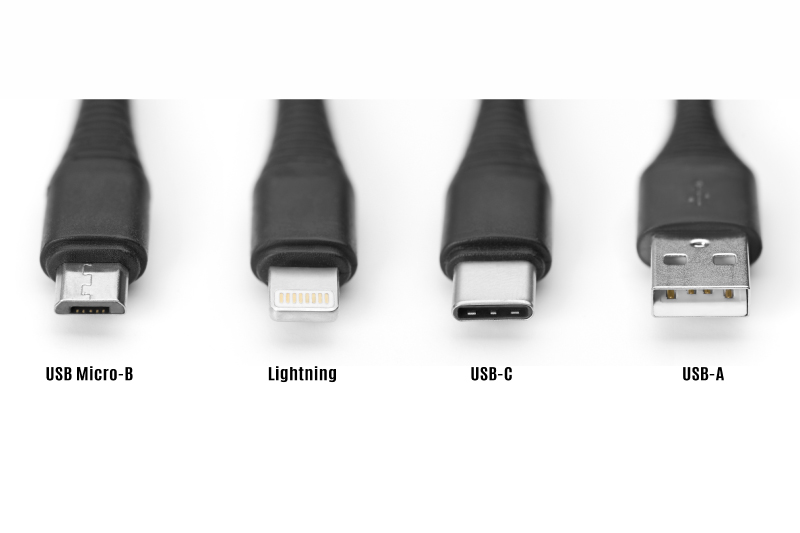 4 USB Types: Micro-B, Lightning, USB-C, USB-A - black cords and labeled below from left to right