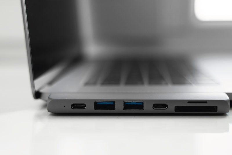 gray laptop with 2 USB ports and 2 USB Type C ports