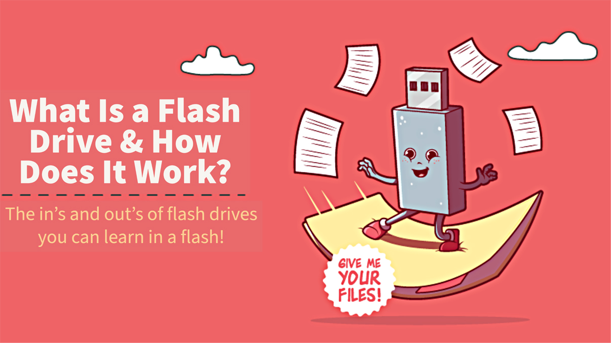 Cartoon USB Flash drive surrounded by files