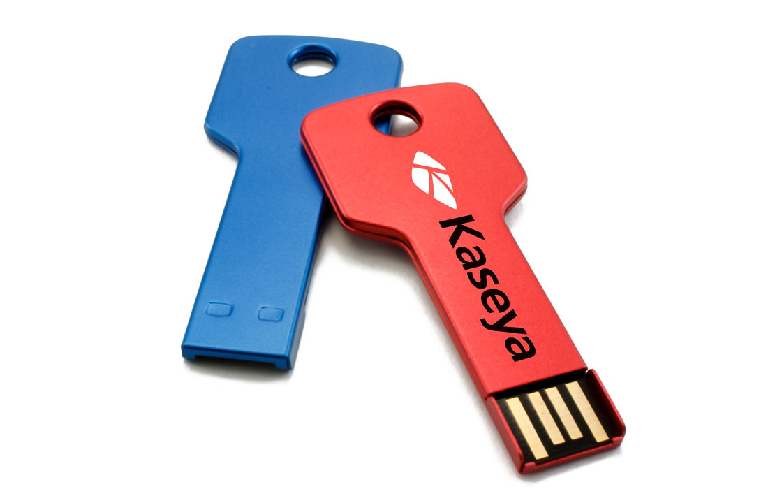 Our blue and red Key Custom Flash Drives with solid print